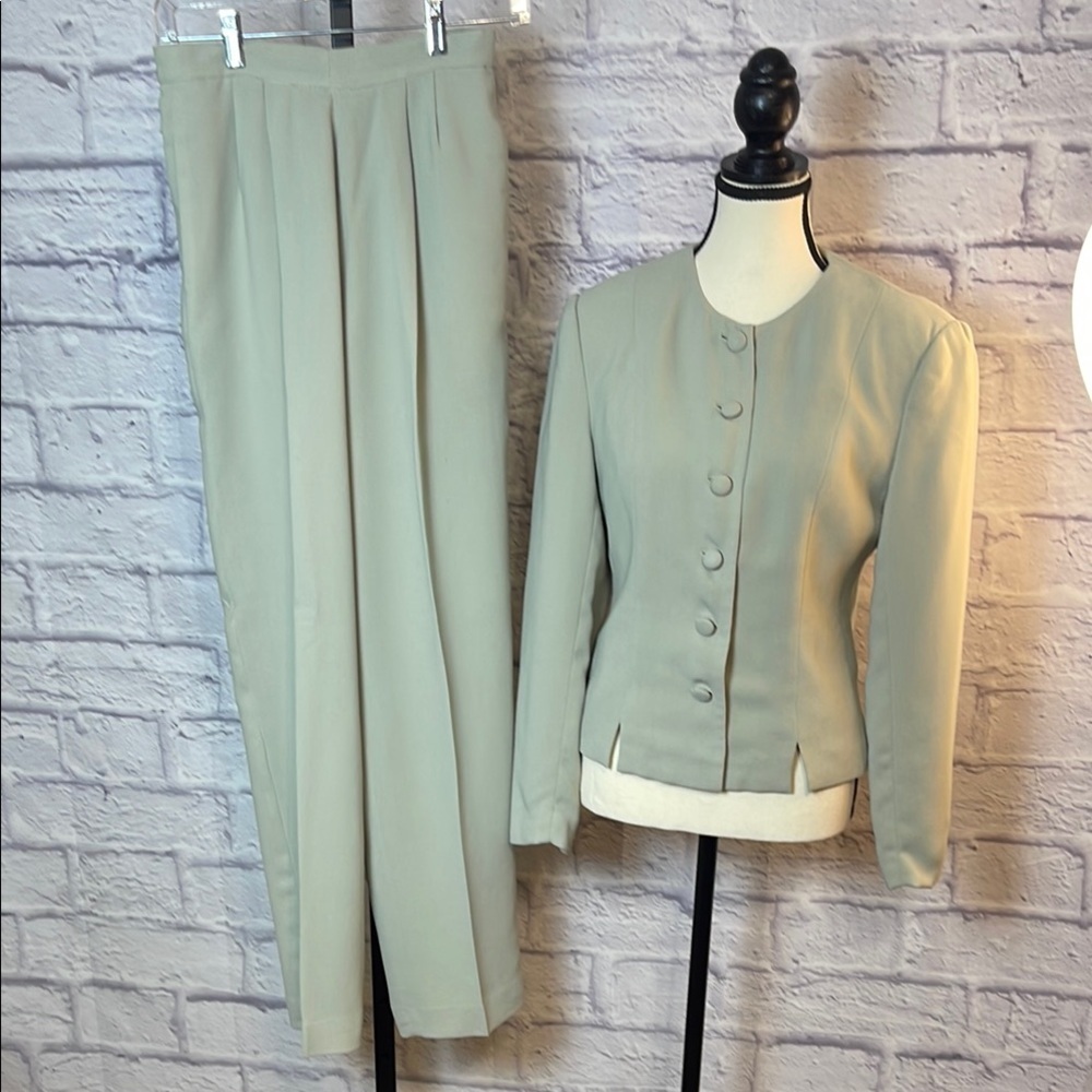 Talbots Light Sage Lined Pantsuit Size 6 Jacket is Long Sleeve Button Front